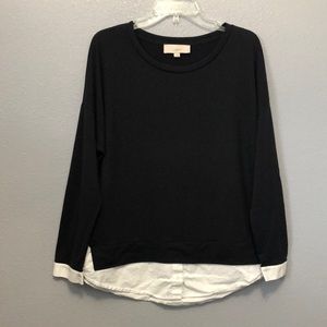 LOFT shirt Women's size Large L black long sleeve knit shirt with white cuffs